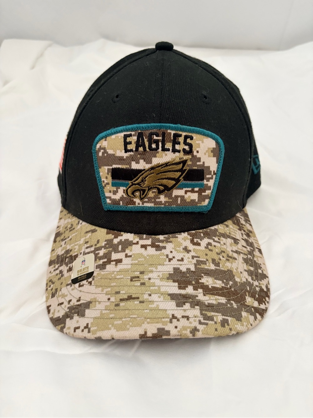 NFL Eagles Black Crown Camo Brim Hat with Teal Patch